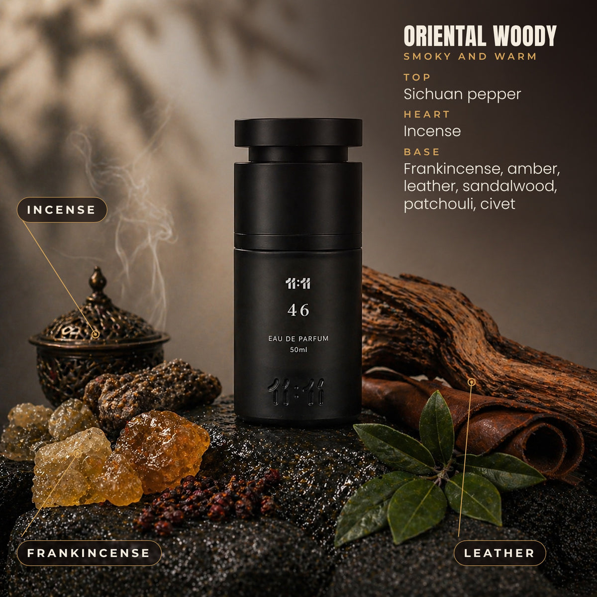 11:11 46 notes: Sichuan pepper, incense, frankincense, amber, leather, sandalwood, patchouli and civet. Oriental woody, for women