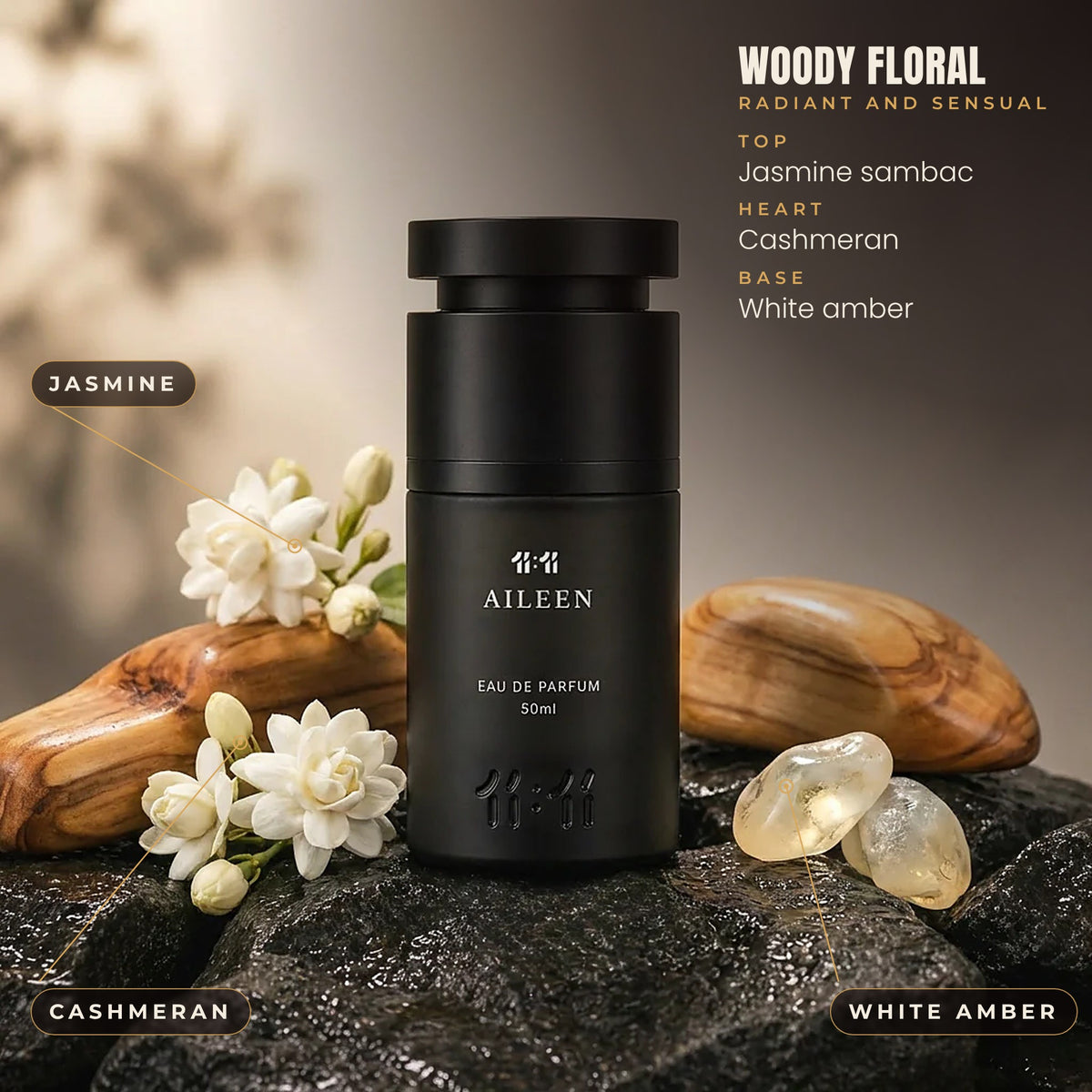 11:11 Aileen notes: jasmine sambac, cashmeran and white amber. Woody floral, for women