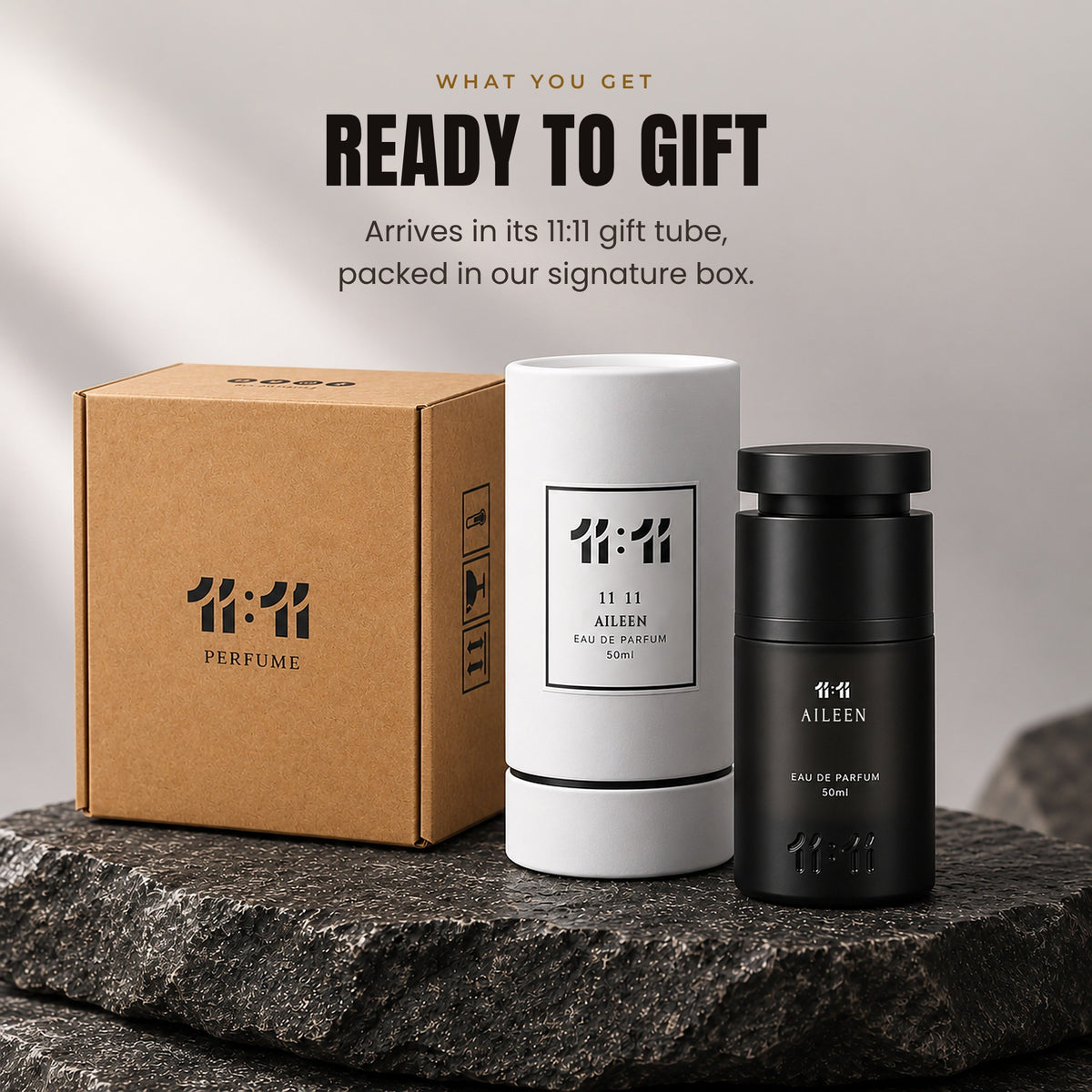 11:11 Aileen bottle with its gift tube and shipping box, ready to gift