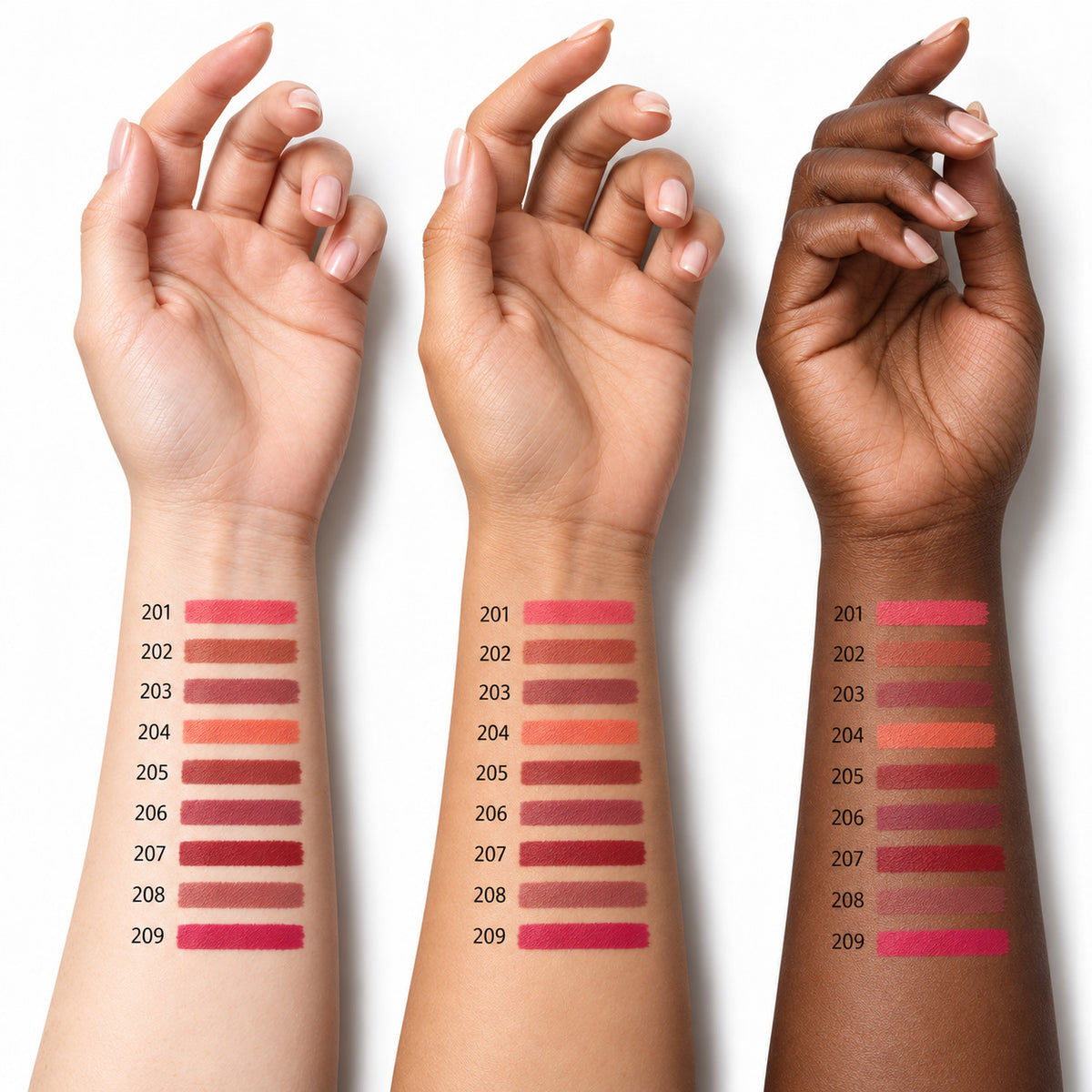 11:11 Beauty Lip Liner, all 9 shades swatched on three skin tones
