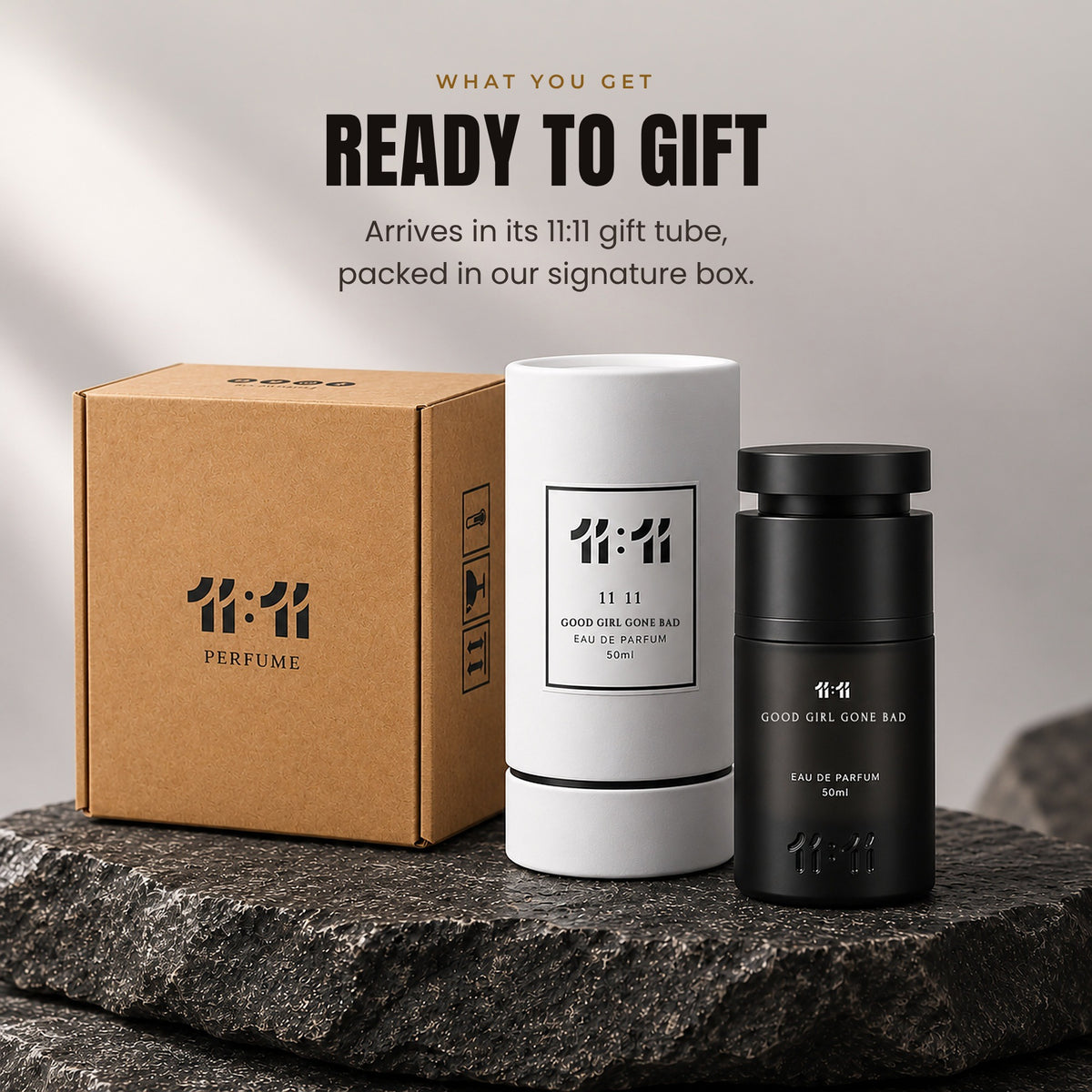 11:11 Good Girl Gone Bad bottle with its gift tube and shipping box, ready to gift