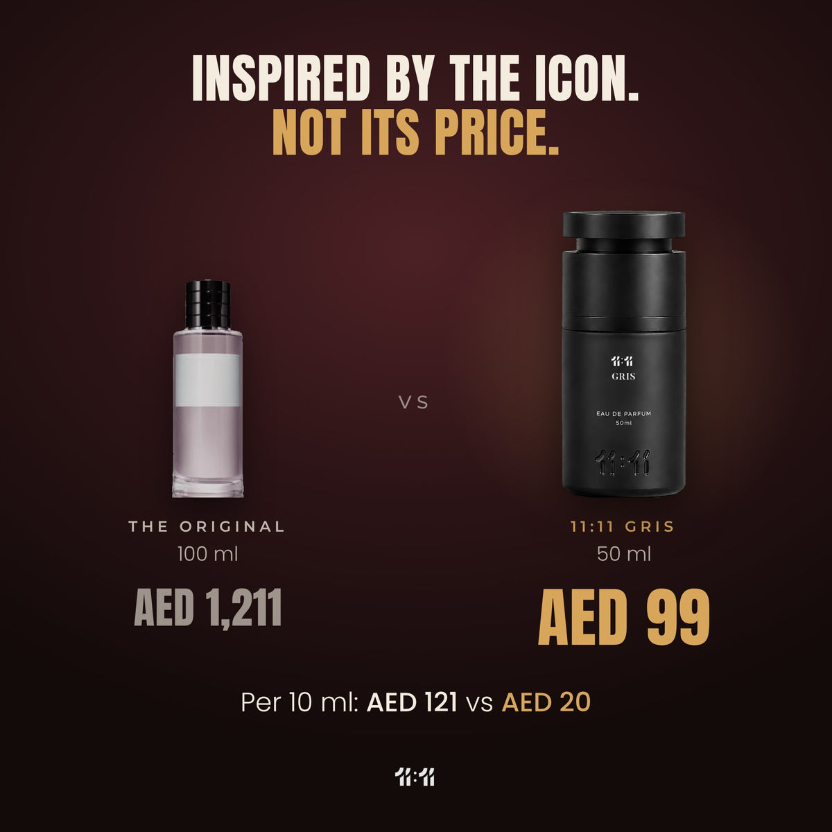 11:11 Gris 50 ml at AED 99 vs the original 100 ml at AED 1,211