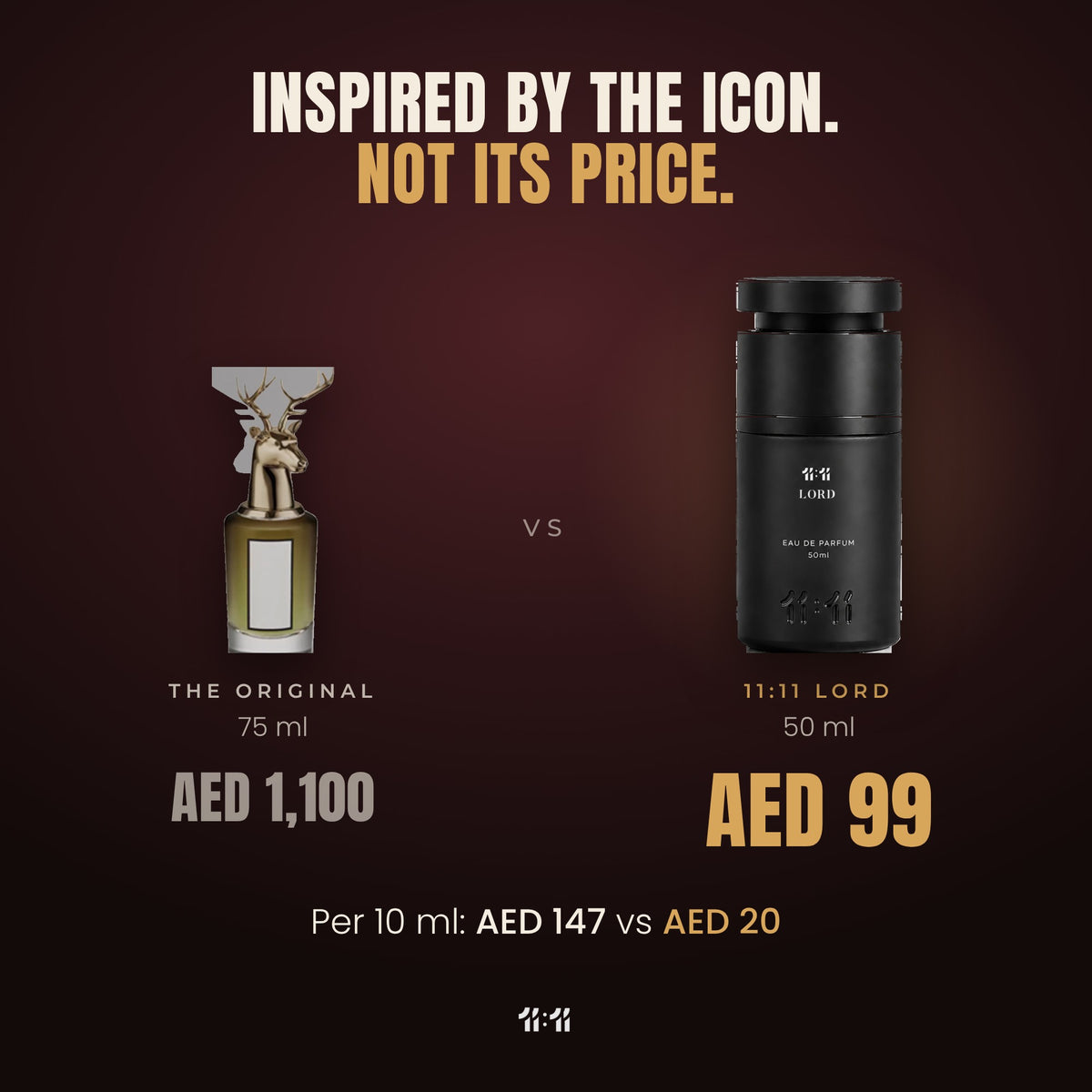 11:11 Lord 50 ml at AED 99 vs the original 75 ml at AED 1,100