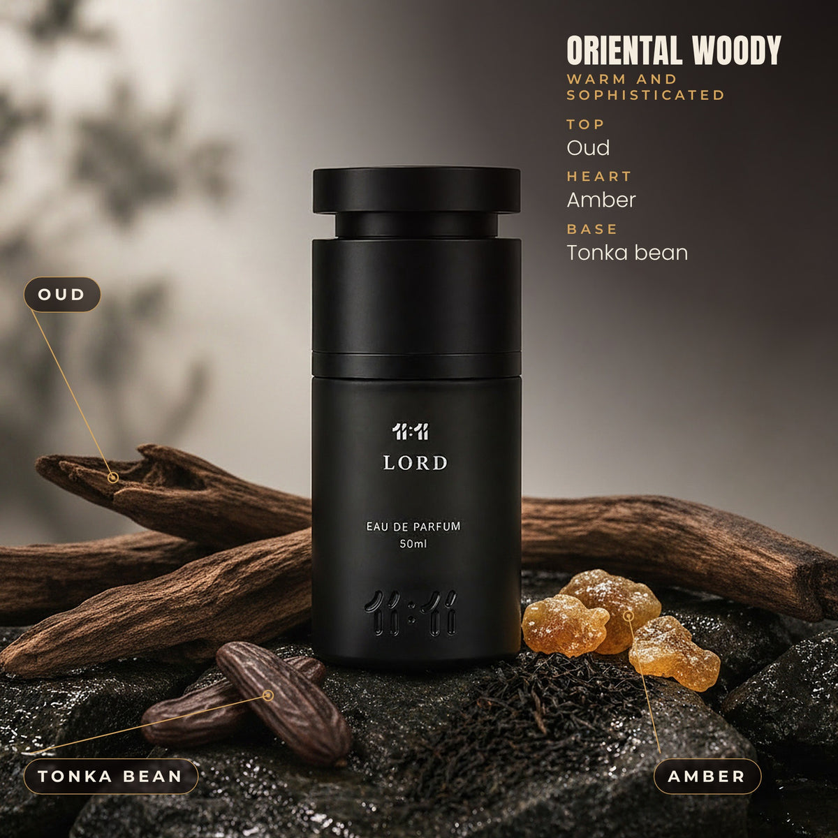 11:11 Lord notes: oud, amber and tonka bean. Oriental woody, for men