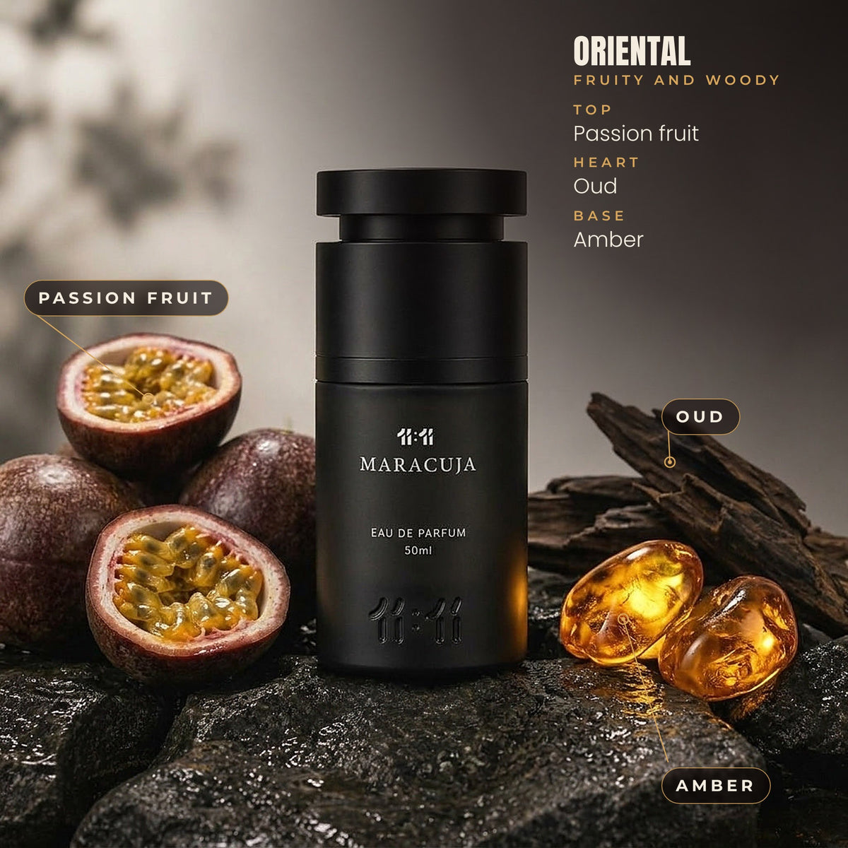 11:11 Maracuja notes: passion fruit, oud and amber. Oriental, unisex