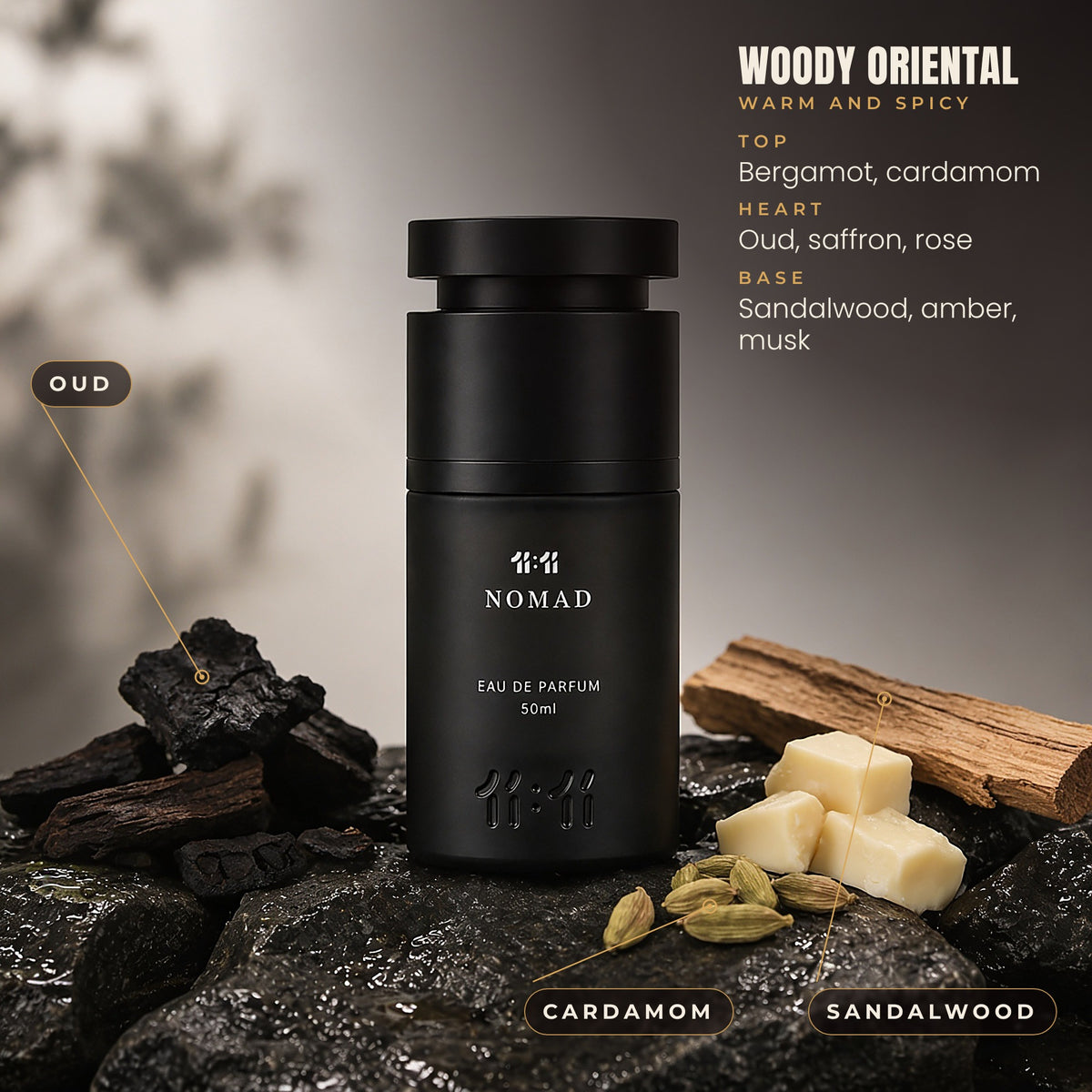 11:11 Nomad notes: bergamot, cardamom, oud, saffron, rose, sandalwood, amber and musk. Woody oriental, unisex