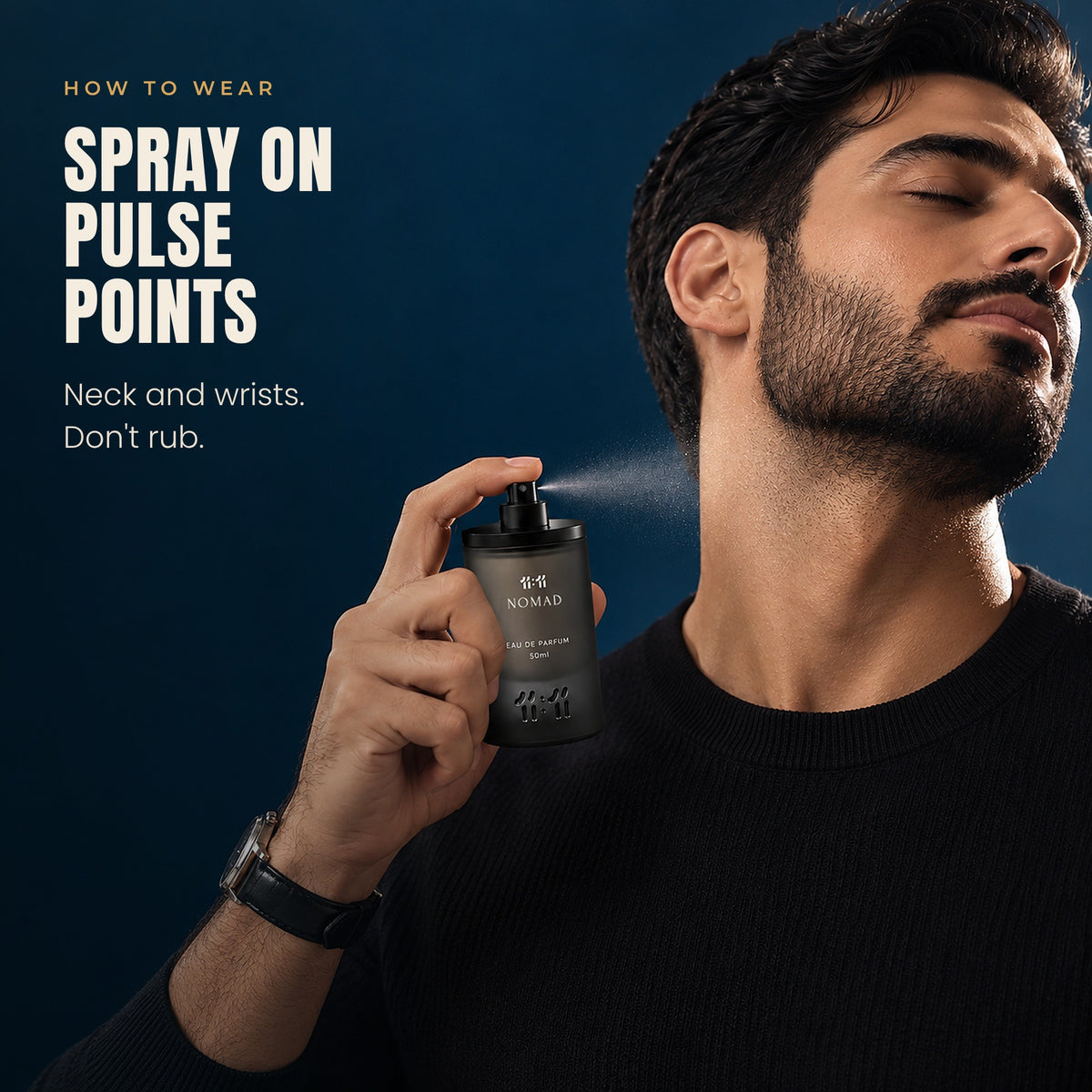 How to wear 11:11 Nomad: spray on neck and wrists, do not rub