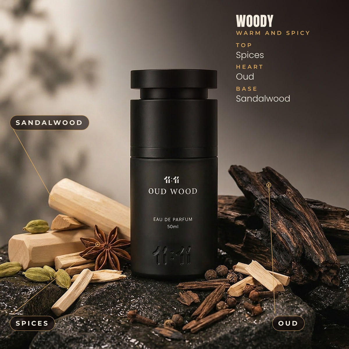 11:11 Oud Wood notes: spices, oud and sandalwood. Woody, unisex