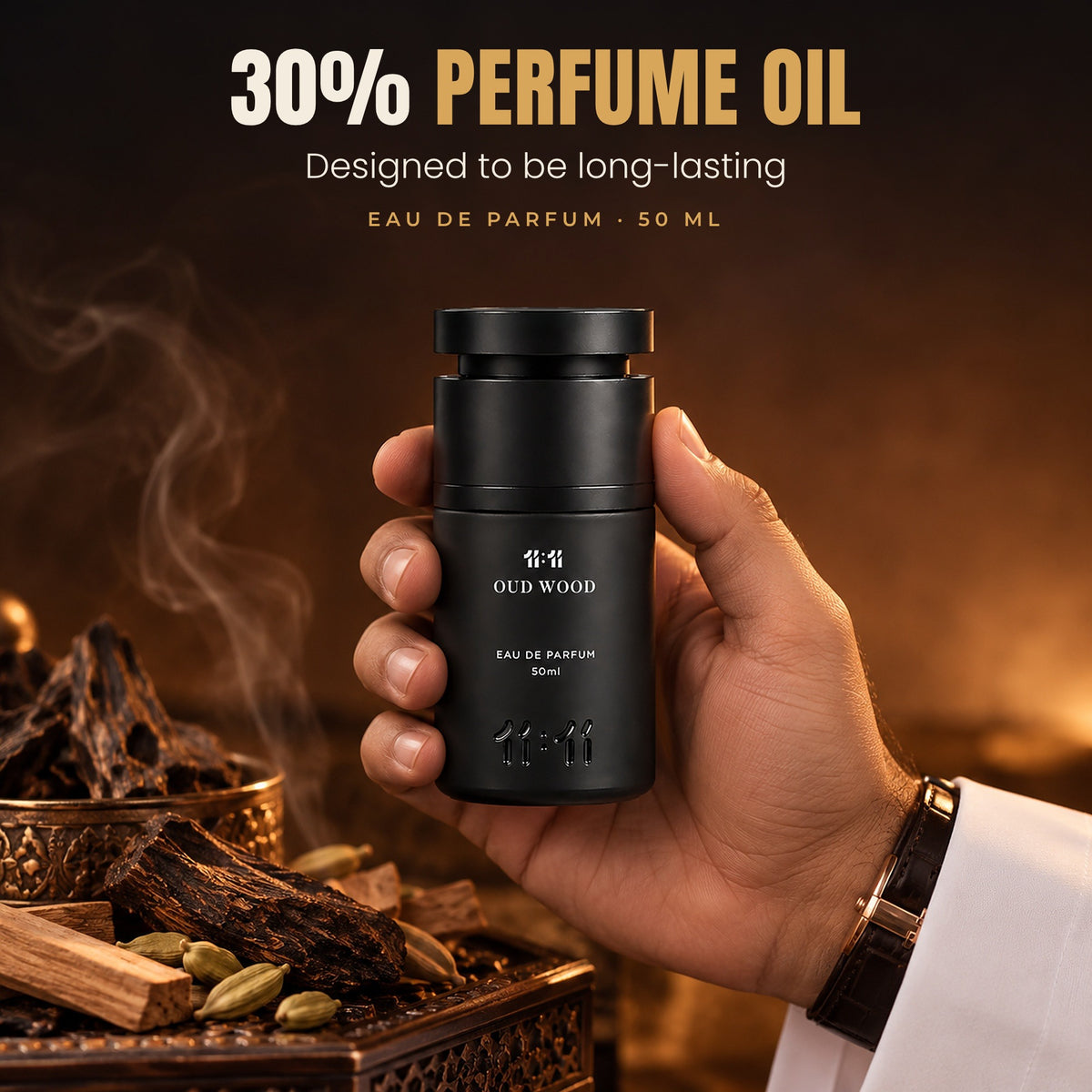11:11 Oud Wood Eau de Parfum 50 ml with 30% perfume oil, designed to be long-lasting