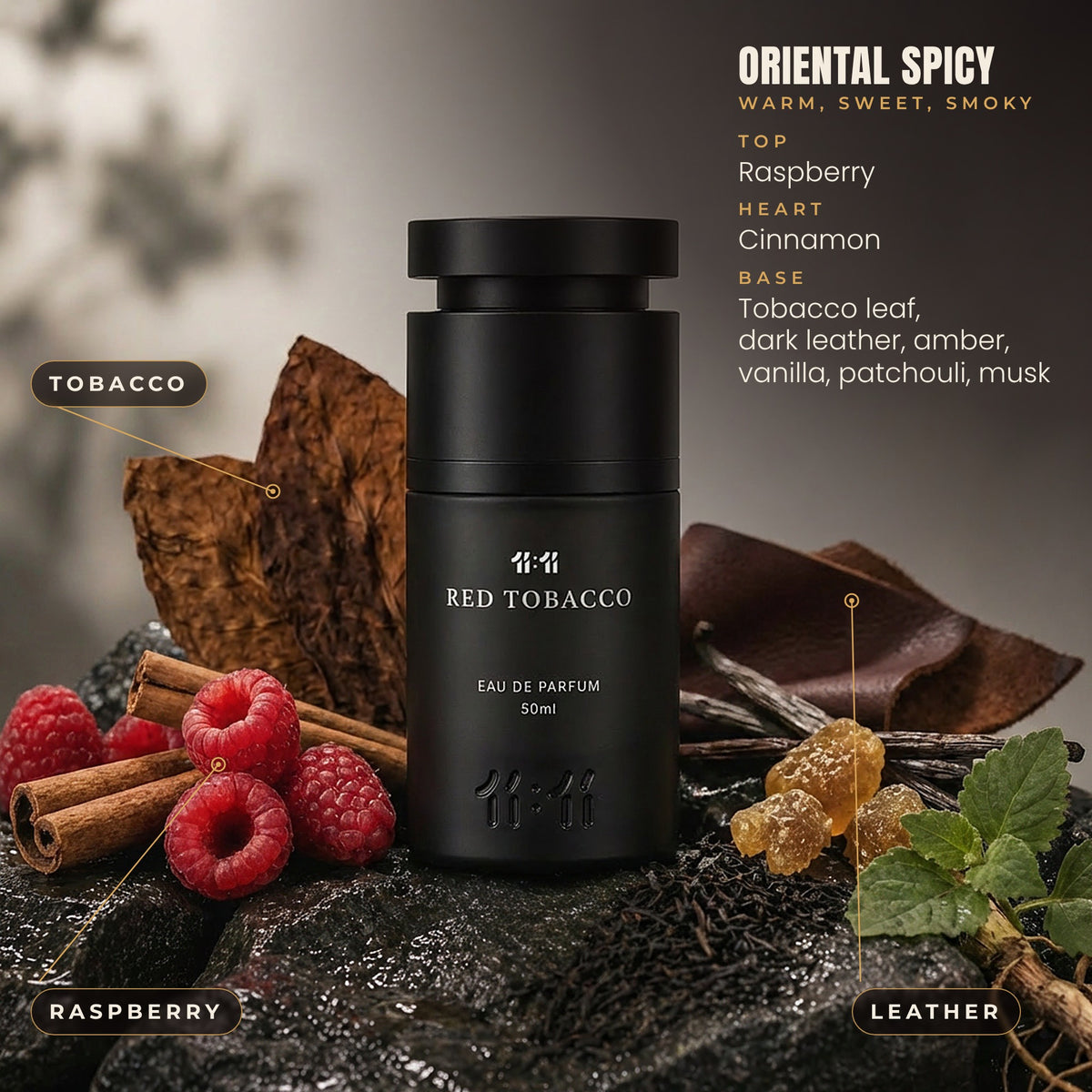 11:11 Red Tobacco notes: raspberry, cinnamon, tobacco leaf, dark leather, amber, vanilla, patchouli and musk. Oriental spicy, unisex