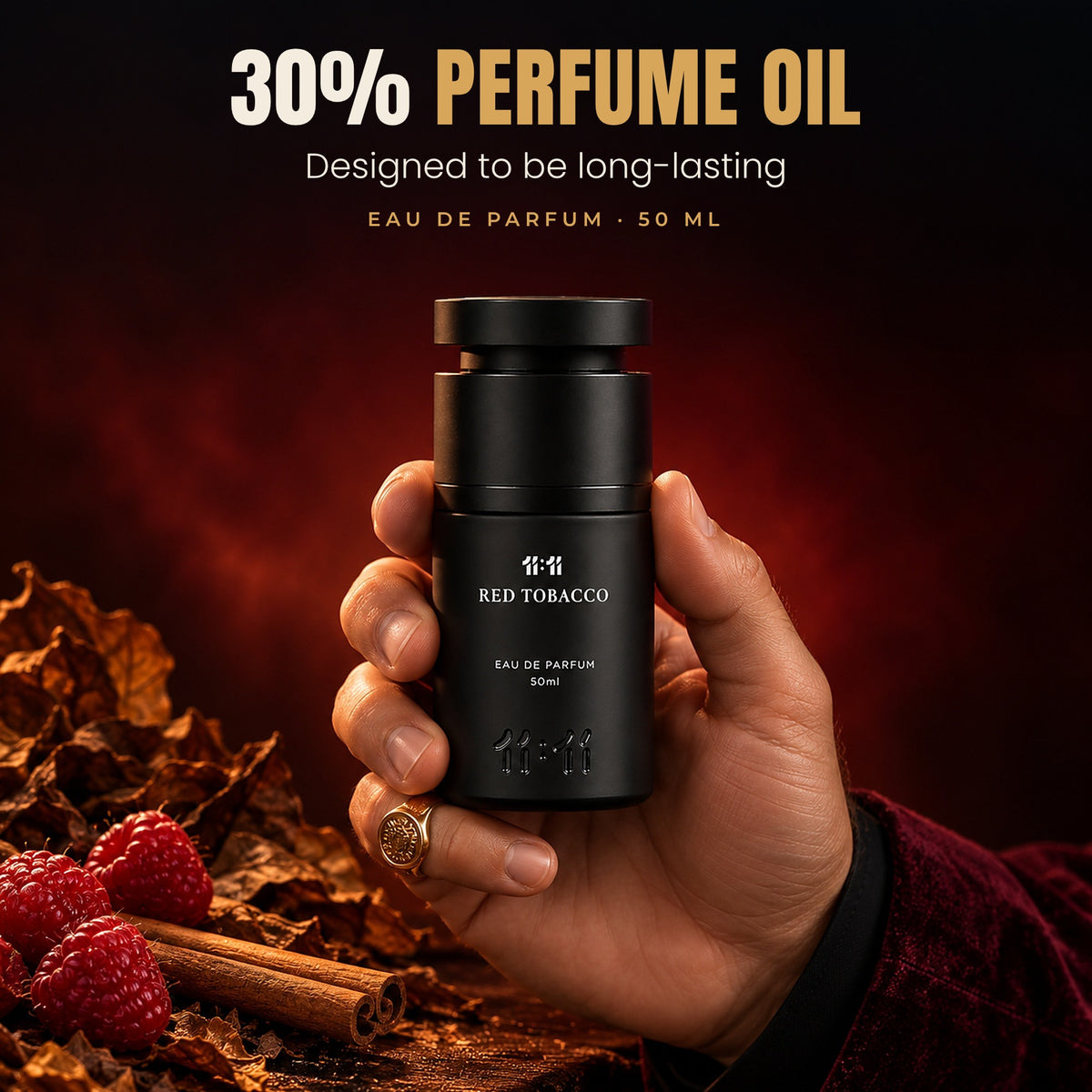 11:11 Red Tobacco Eau de Parfum 50 ml with 30% perfume oil, designed to be long-lasting