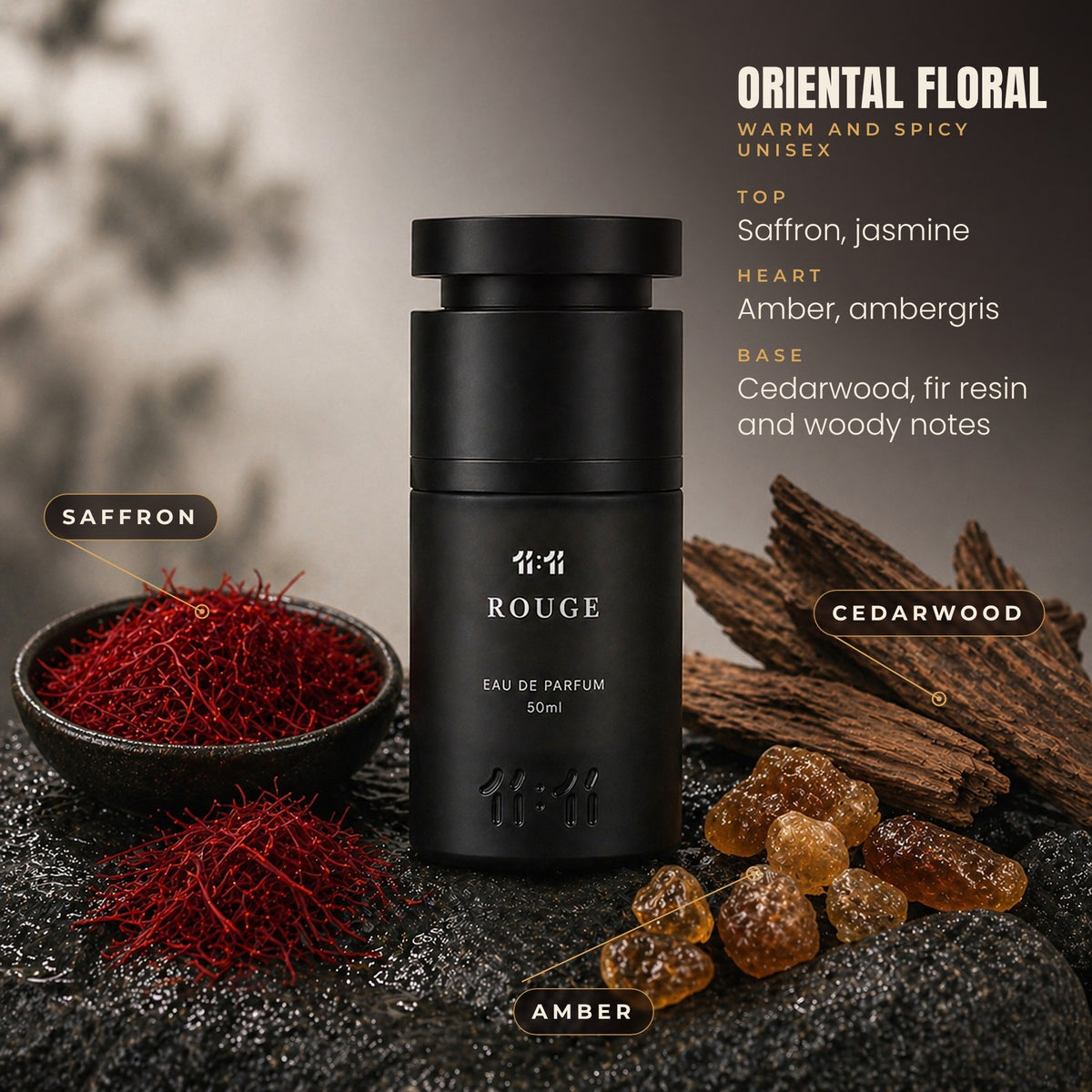 11:11 Rouge notes: saffron, jasmine, amber, ambergris and cedarwood. Oriental floral, warm and spicy, unisex