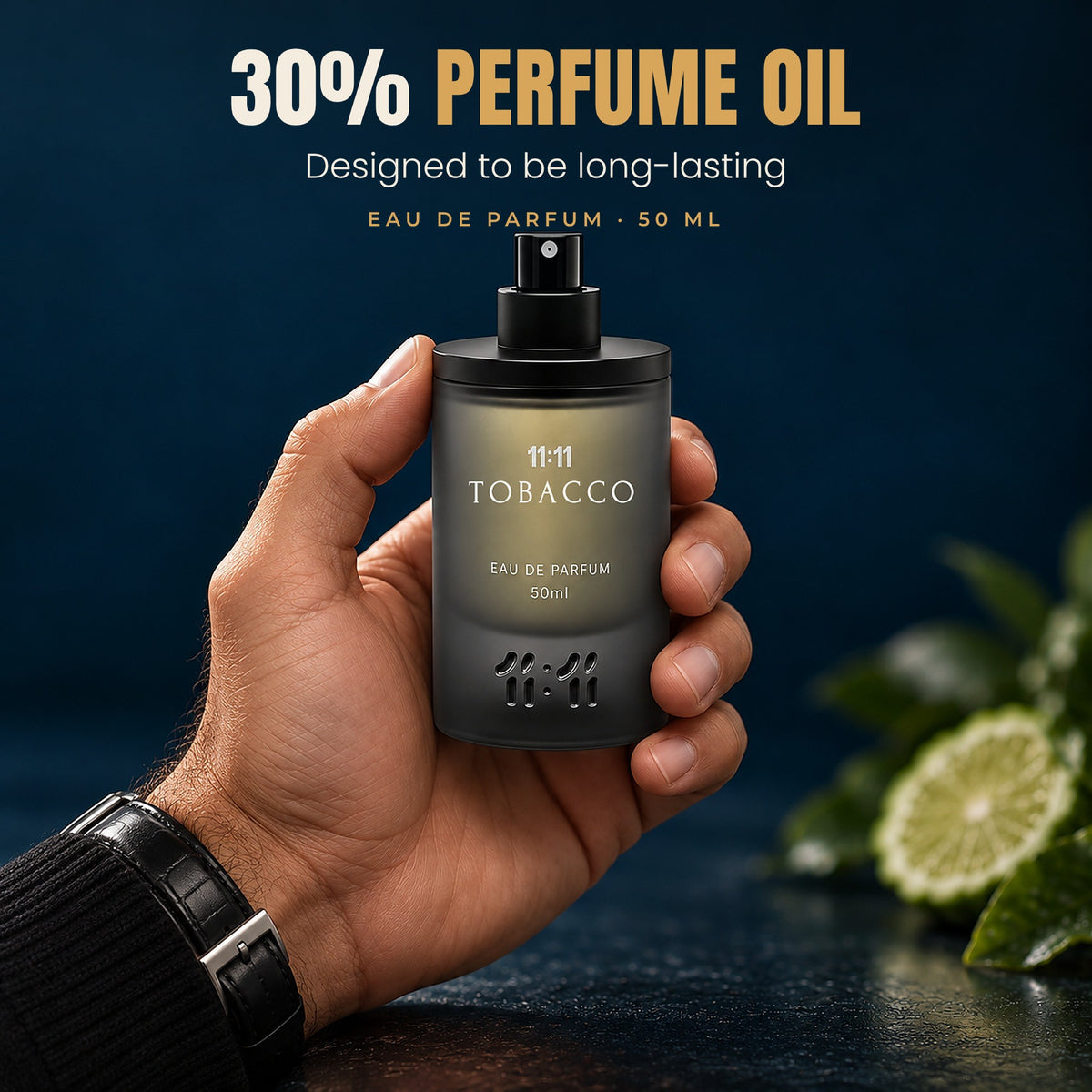 11:11 Tobacco Eau de Parfum 50 ml with 30% perfume oil, designed to be long-lasting