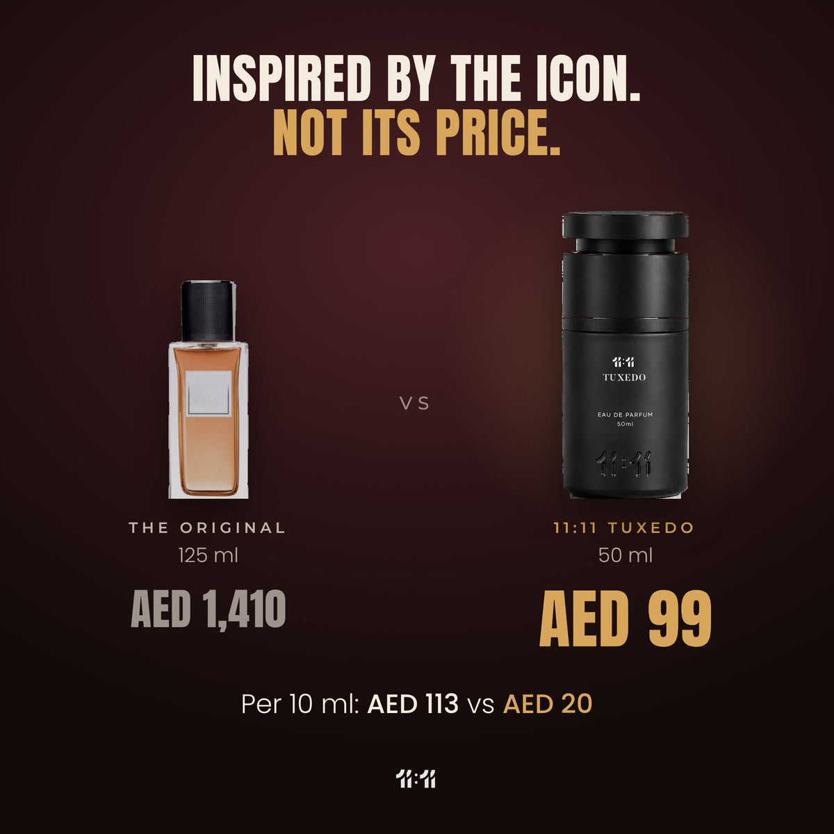 11:11 Tuxedo 50 ml at AED 99 vs the original 125 ml at AED 1,410
