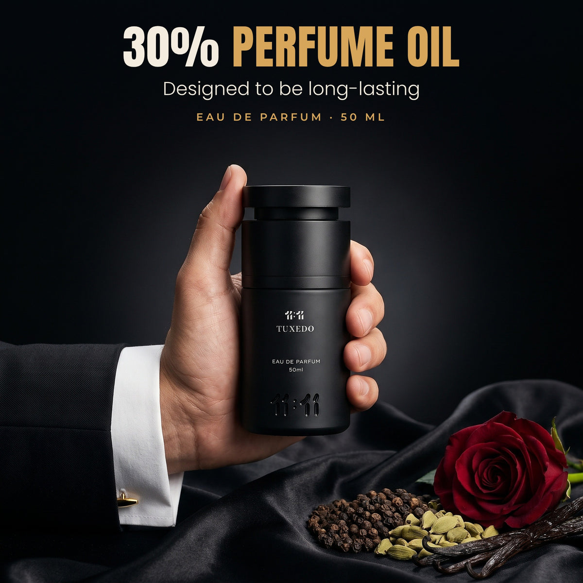 11:11 Tuxedo Eau de Parfum 50 ml with 30% perfume oil, designed to be long-lasting