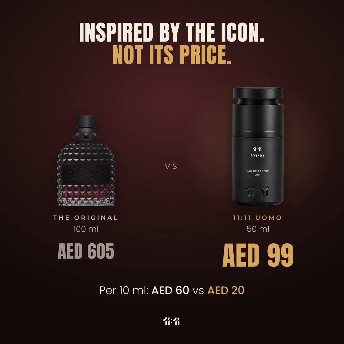 11:11 Uomo 50 ml at AED 99 vs the original 100 ml at AED 605
