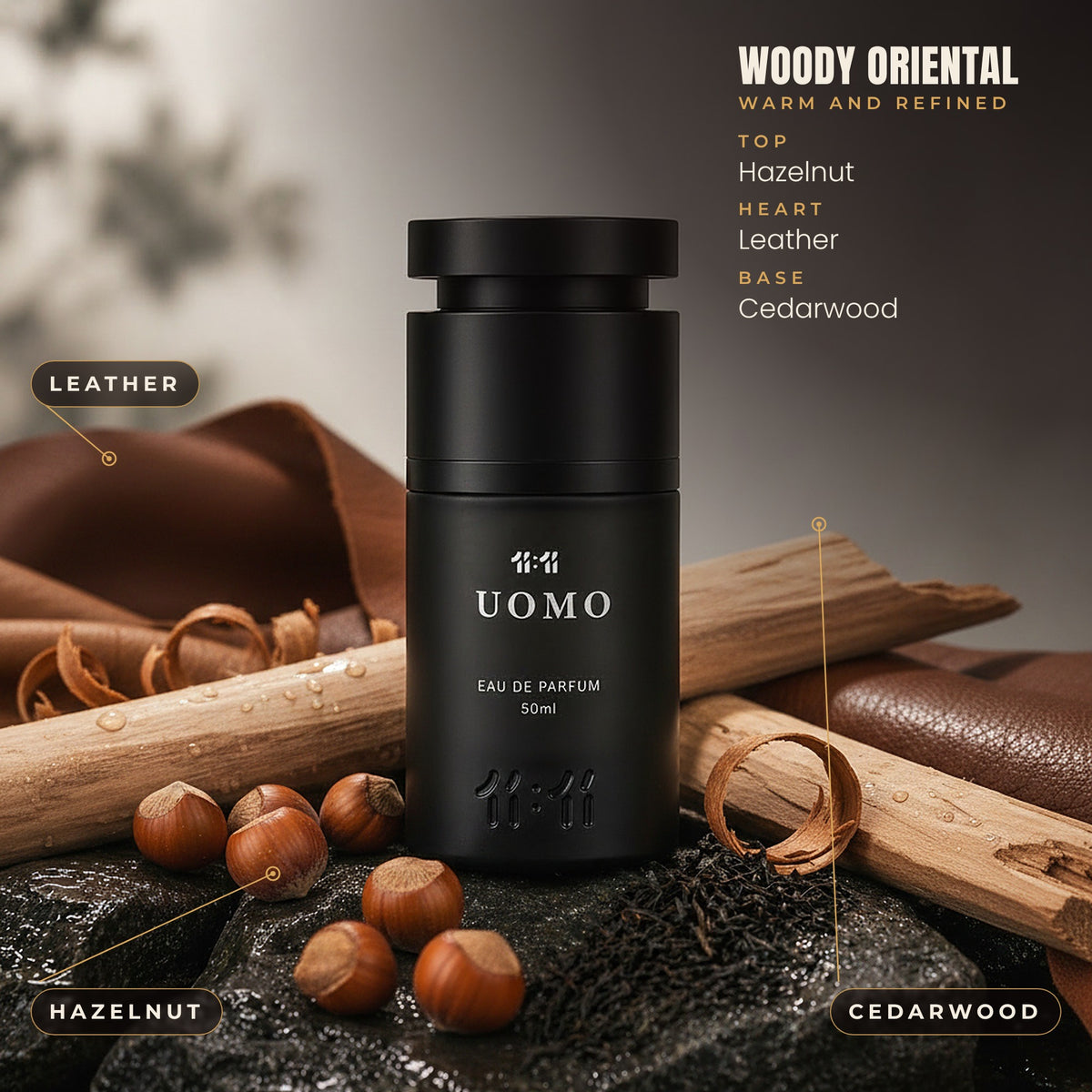 11:11 Uomo notes: hazelnut, leather and cedarwood. Woody oriental, for men