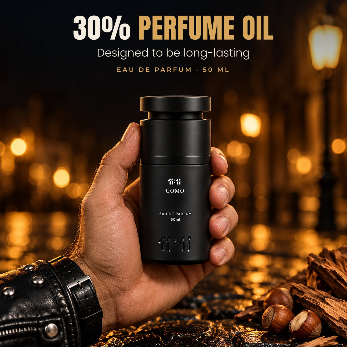 11:11 Uomo Eau de Parfum 50 ml with 30% perfume oil, designed to be long-lasting