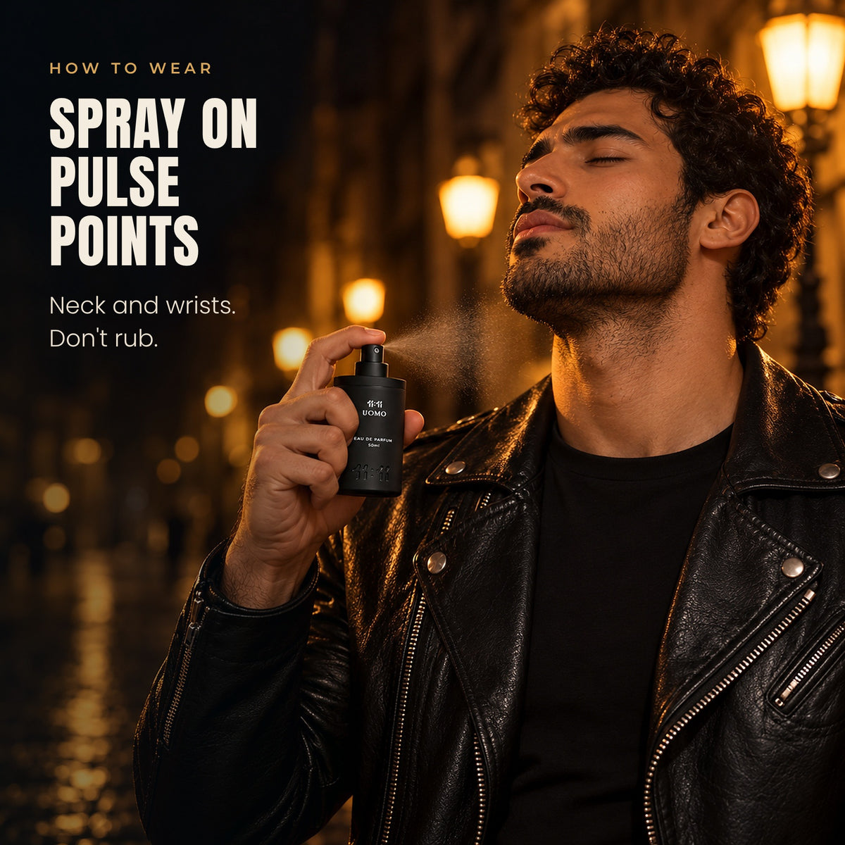How to wear 11:11 Uomo: spray on neck and wrists, do not rub