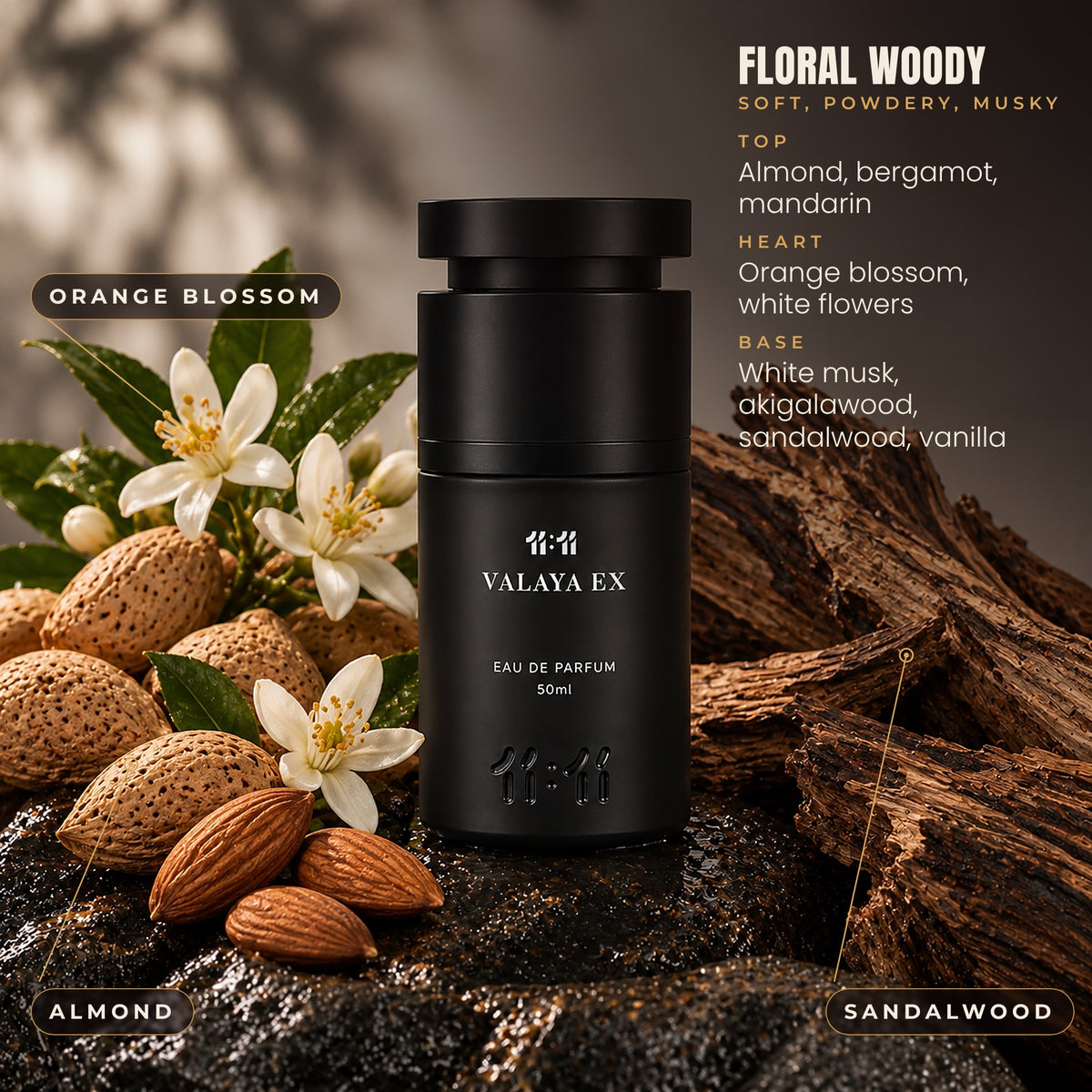 11:11 Valaya EX notes: almond, bergamot, mandarin, orange blossom, white flowers, white musk, akigalawood, sandalwood and vanilla. Floral woody, for women