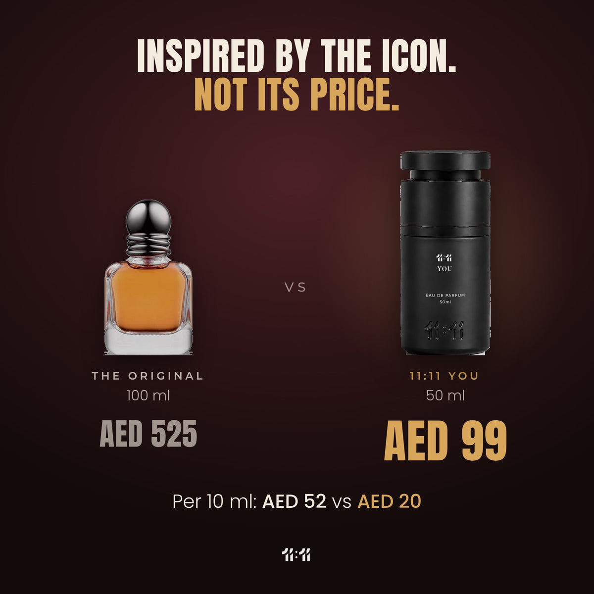 11:11 You 50 ml at AED 99 vs the original 100 ml at AED 525