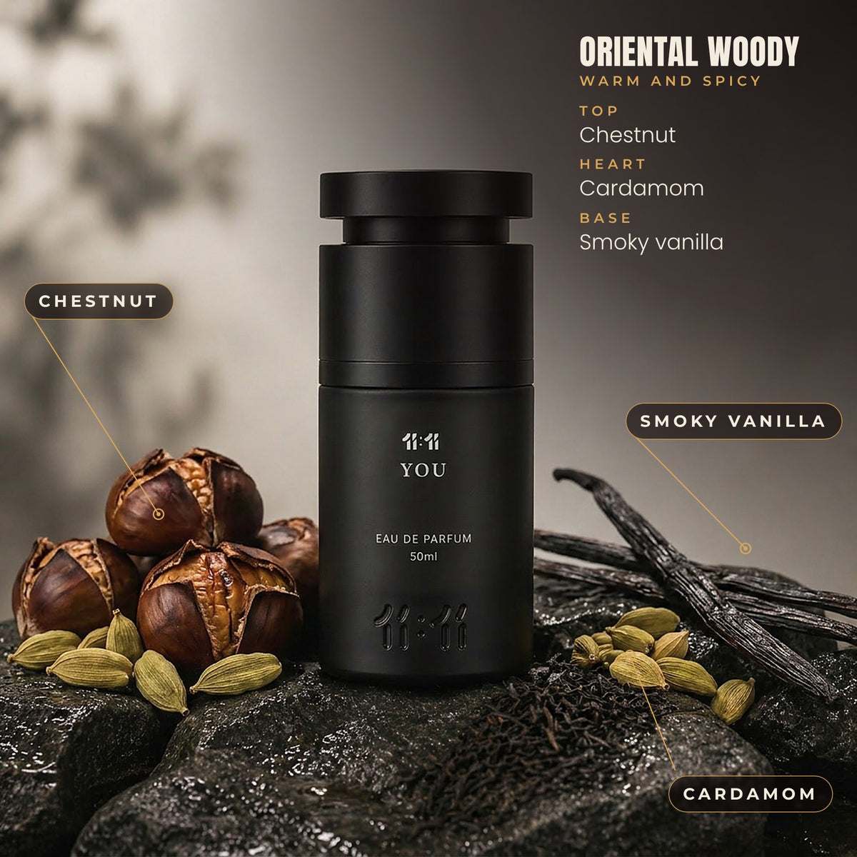 11:11 You notes: chestnut, cardamom and smoky vanilla. Oriental woody, for men
