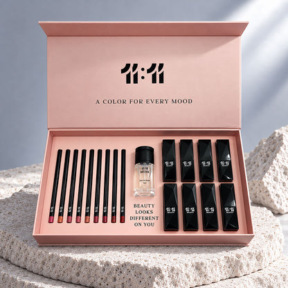 11:11 Glam Box open: 9 lip liners, 11:11 Musk and 8 Velvet Matte lipsticks