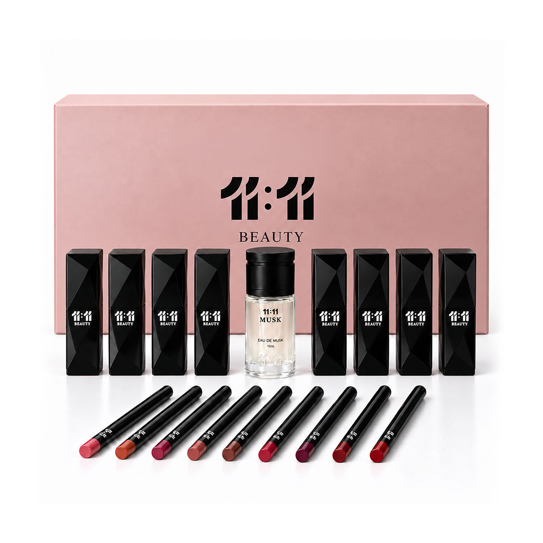 11:11 Glam Box contents: Velvet Matte lipsticks, lip liners and 11:11 Musk