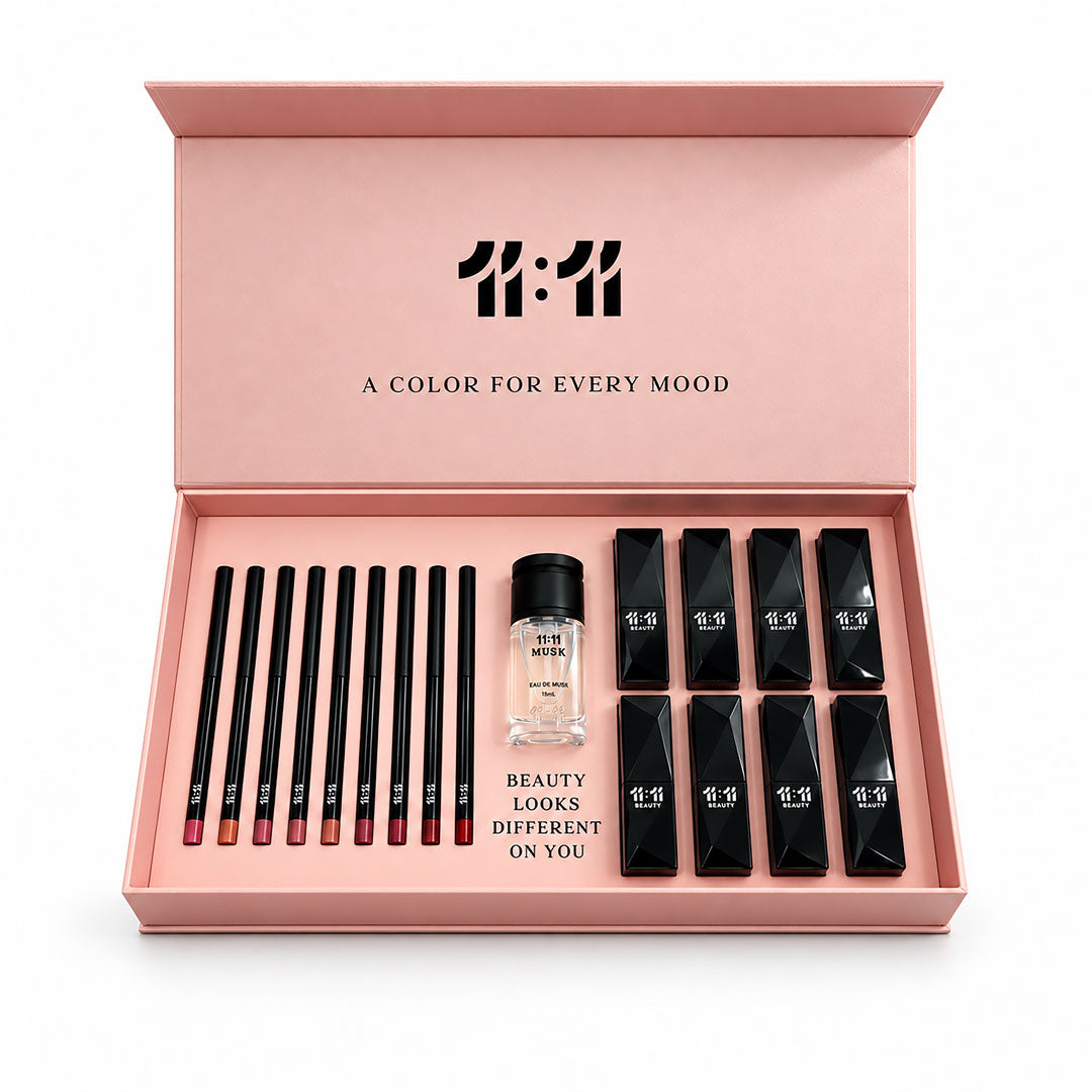 11:11 Glam Box pink gift box with lip liners, 11:11 Musk and lipsticks